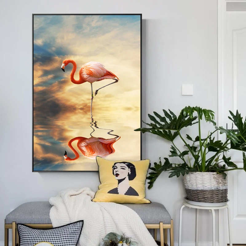 

Canvas Painting Animal Poster Abstract Pink Flamingo Clouds Abstract Landscape Wall Pictures for Living Room Cuadros Home Decor