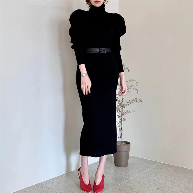 

2023 Womens Winter Knitted Sheath Turtle Neck Dresses Long Sleeve Bodycon Solid Basic Sexy Dresses Vestidos