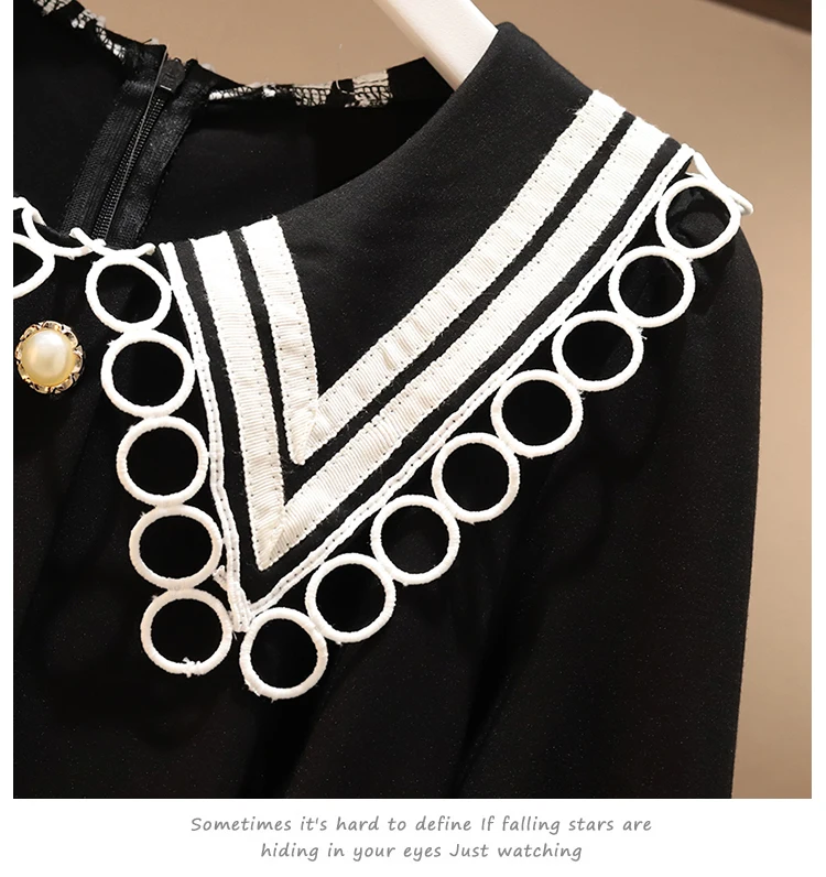 L-XXXL плюс размер женское маленькое черное платье осень выдалбливают Питер Пэн воротник лоскутное с длинным рукавом Свободные повседневные платья