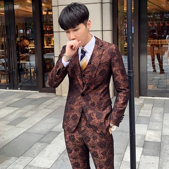 

Groom Wedding Suits Mens Burgundy 3 Pieces Suits Mens Clothing Jacquard Suit Fabric Mens Blue Tuxedo Dress Party Clothes Slim