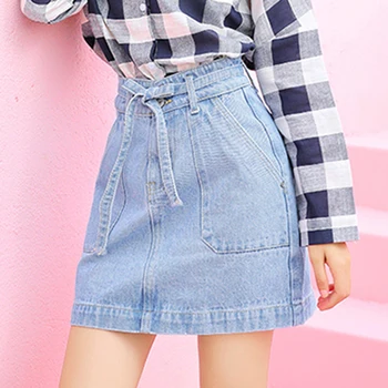

Women Denim Skirt High Waist Jeans Skirt With Waist Blelt Female Aline Casual Short Skirt Student Light Blue Black Skirts