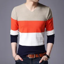 Brand Mens Quality New Fashion V Top Knitted Pullover Striped Neck Sweater Korean Thick Autum Casual Jumper Clothes Men Hombre