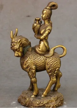 

316 8" Chinese Folk Brass Belle Goddess Woman Hold Pot Riding Kylin Unicorn Statue