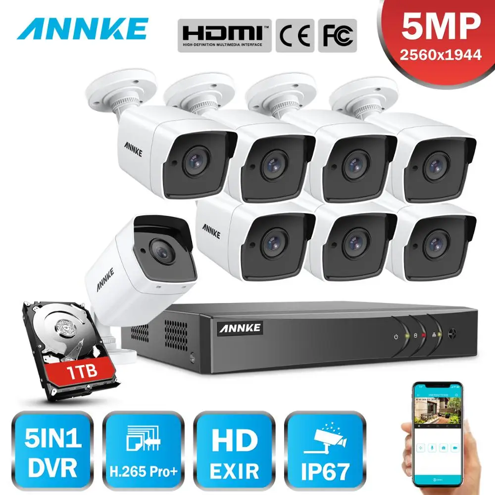 ANNKE 8CH 5MP камера безопасности Система Lite 5IN1 H.265 + DVR с 8 шт. всепогодный HD EXIR наружного
