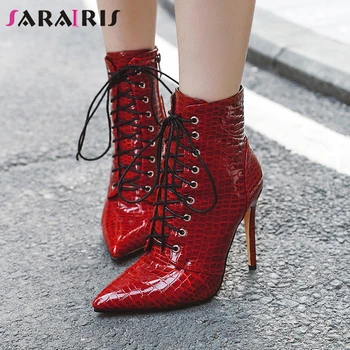 

SARAIRIS Ladies Mature High Heel Boots Fashion Punk High Top Fretwork Boots Women lace-up Pointed Toe Ankle Shoes Woman