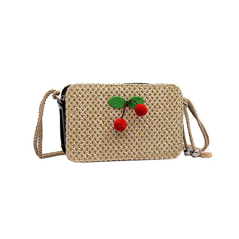 

Quality Straw Messenger Bag for Women Cherry Small Square Bag Handmade Woven Knitting Female Crossbody Shoulder Bags BAG2015