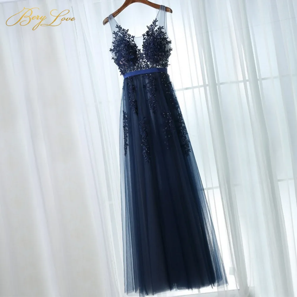 Navy Blue Серое синее легкое вечернее платье, кружевное платье с v-образным вырезом и аппликацией, длинное торжественное вечернее платье доступно платье на выпускной, вечернее платье - Цвет: Navy Blue
