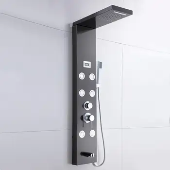 

Stainless Steel Bathroom Shower Panel Black Column Mixer 6 Jet With Temperature Display Handheld Waterfall Rainfall Shower Head