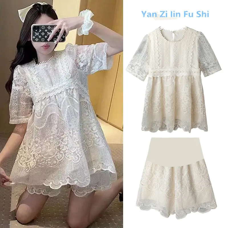 52091# T shirt + Maternity Pants Two-piece Maternity Clothes Loose Lace Patchwork Short Sleevess Set Pregnant Women Pregnancy