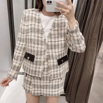 

2020 early autumn new tweed V-neck long sleeve buttonless cardigan blazer