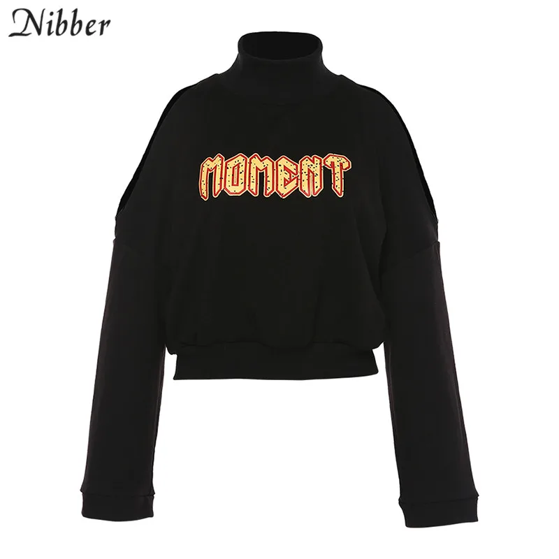 Nibber Осень Хип-хоп стиль свободная толстовка для отдыха Топы женские черные с буквенным принтом полый длинный рукав Уличная Повседневная Толстовка mujer - Цвет: Черный