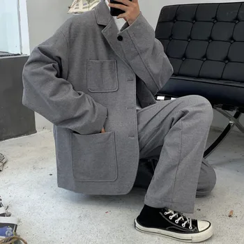 

2020 Autumn And Winter New Youth Fashion Men's Loose Thick Big Pocket Suit Suit Single Breasted Suit + Trousers Black/grey