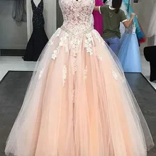 Персиковый цвет бальное платье Тюль с кружевной аппликацией Формальные праздники одежда выпускной вечер Пышное Платье индивидуальный заказ