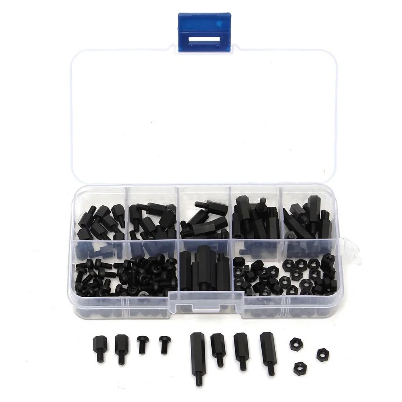 

180Pcs Black Nylon M3 Hex Column Male-Female Standoff Spacers Screw Nut Kit Box