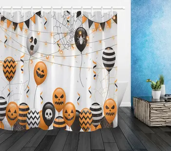 

Halloween Party Balloons Banner Spiderweb Shower Curtain Waterproof Unique