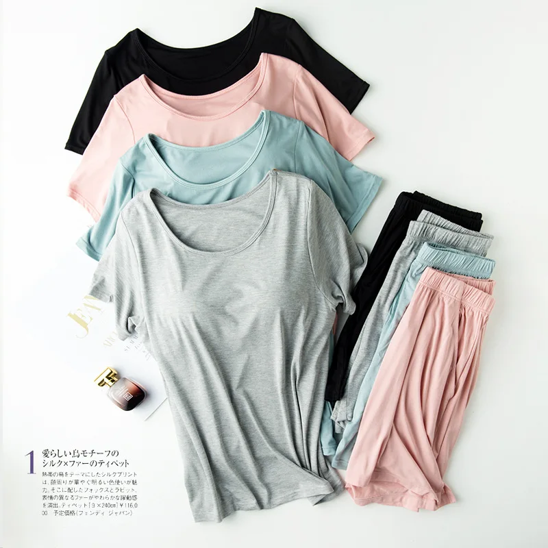 

Modal nv dai Chest Pad Short-sleeve Pajamas Cup One-piece Household Hole-Bra Half Sleeve Loose-Fit Home Wear