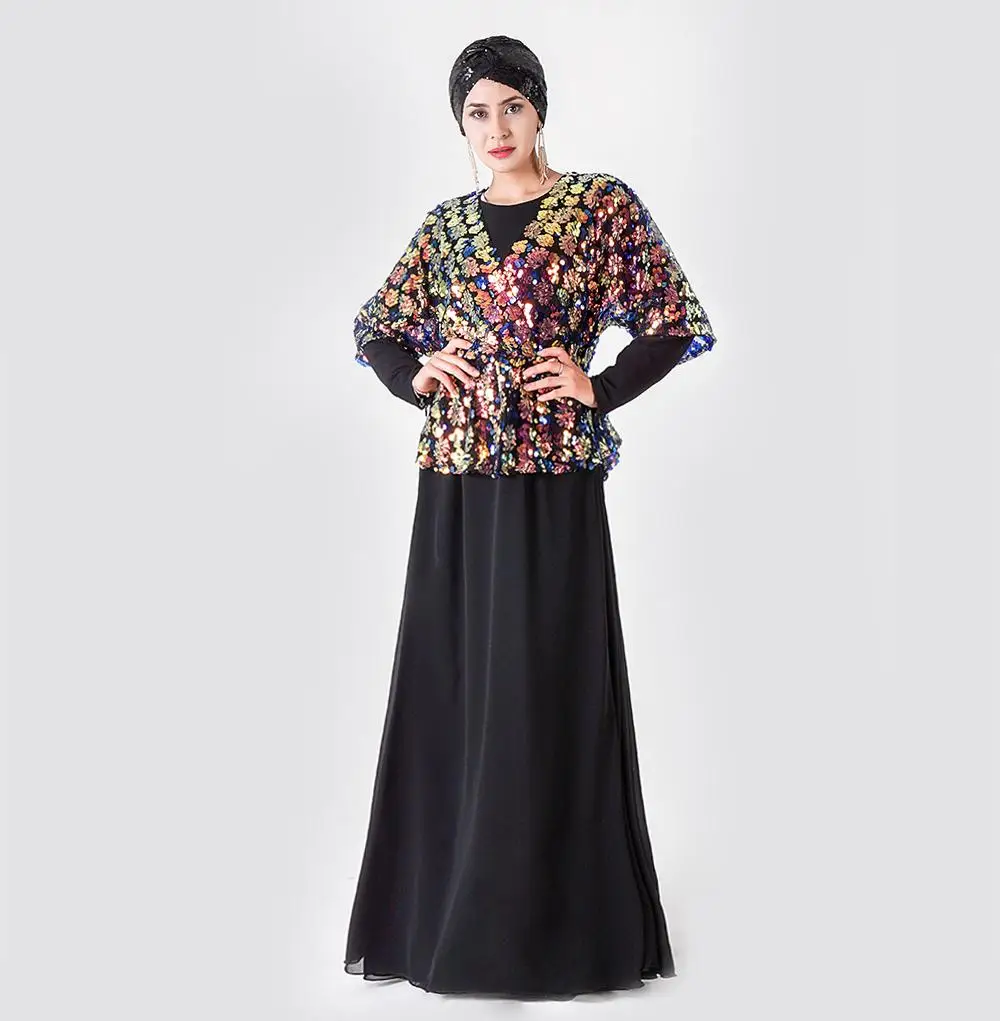 Дубай блёстки очаровательное abaya Женское Платье макси с длинным рукавом винтажное арабское платье коктейльное платье Роскошные вечерние платья осень новое - Цвет: Черный