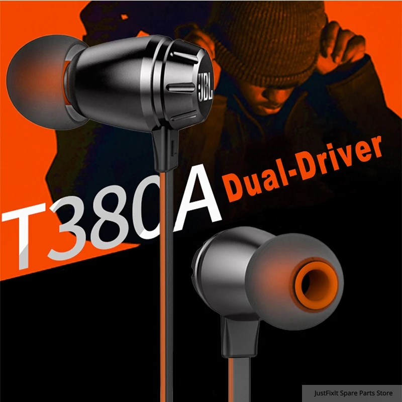 T380A JBL Stereo Music Earphones In ear 3 5mm Wired HIFI Sport Headset Dual Dynamic Line Control Hands free Call with Microphone
