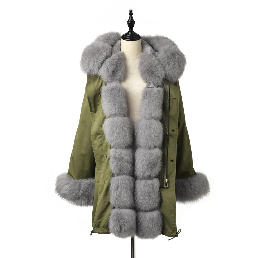 

Tatyana Furclub 2019 Fashion Real Fur Coat Women Fox Fur Coat With Fur Hood Grass Green Parka Women Rex Rabbit Lining Gray Parka