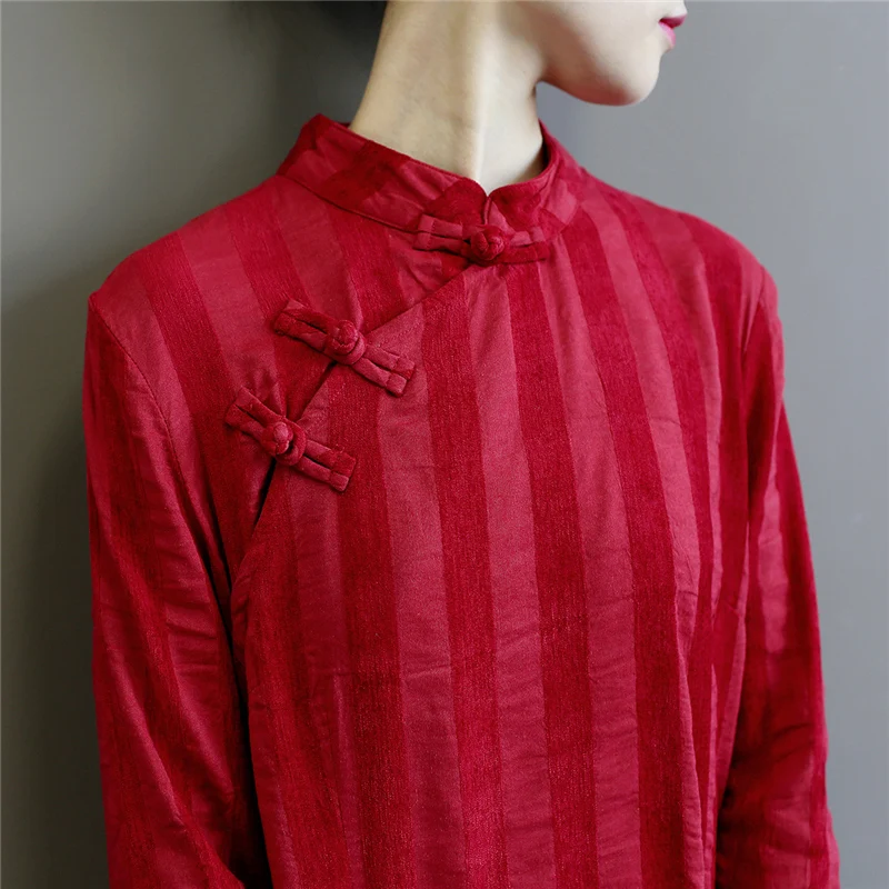 Johnature винтажное льняное платье Cheongsam осеннее Новое Полосатое платье с длинным рукавом в китайском стиле женское платье на пуговицах