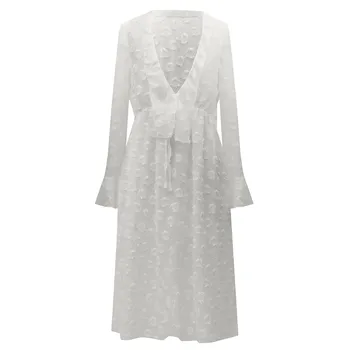 

Women's Long Sleeve Dress New Solid Color V-neck Beach Wind A-line Knee-length Vestido Fashion Casual Loose Daily Falda