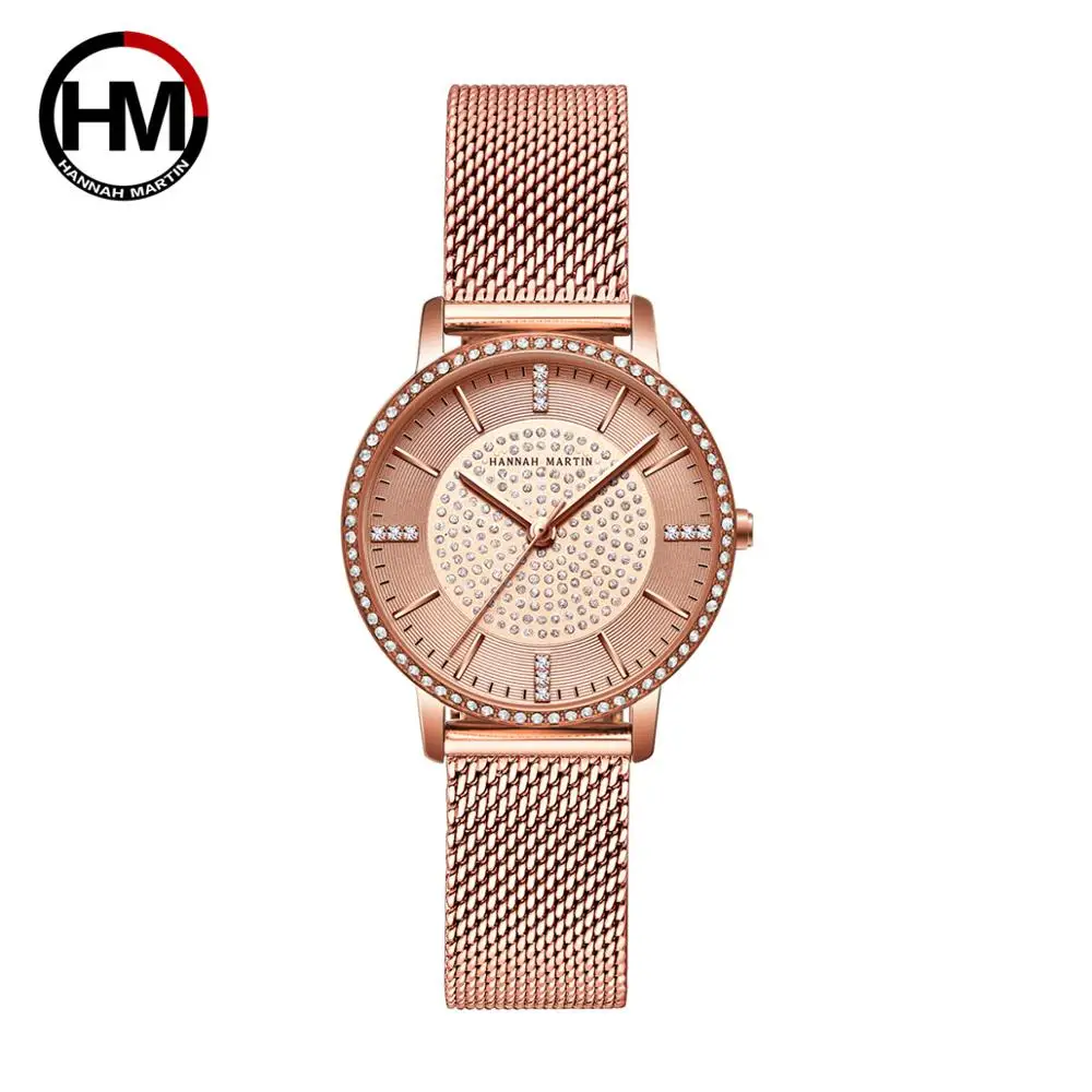 

Hannah Martin fashion casual ladies quartz wrist watch with rhinestone dial mesh bband waterproof ultra-thin women's watches