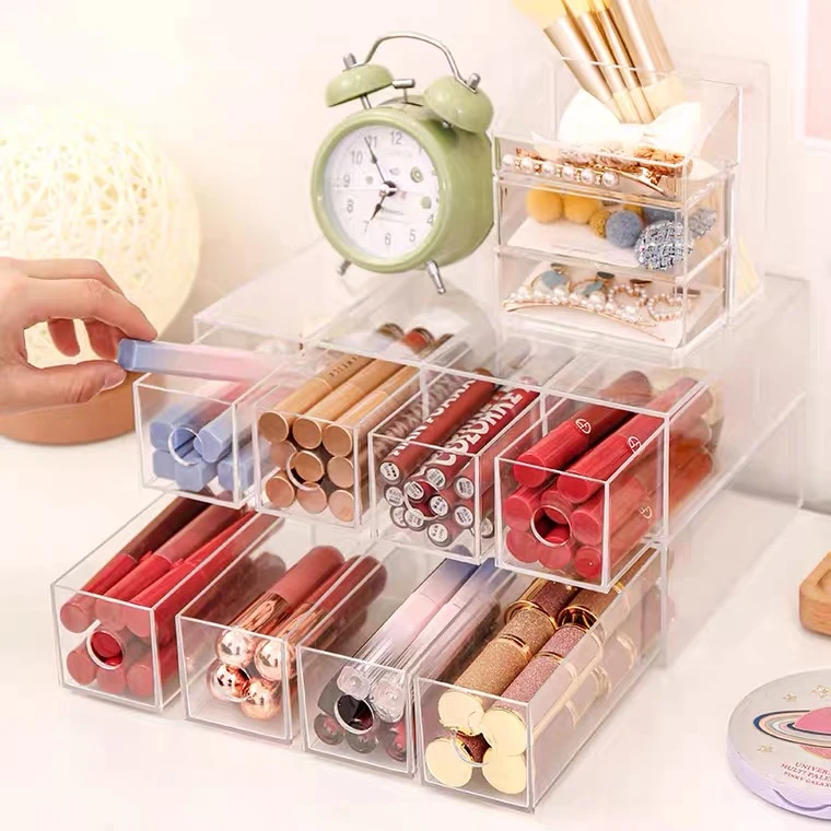 Caja de lápices labiales cosméticos de 4 cuadrículas, soporte de escritorio para bolígrafo, pincel de maquillaje, estuche lápices de cejas, organizador de suministros de papelería de gran capacidad|Cajas y recipientes de