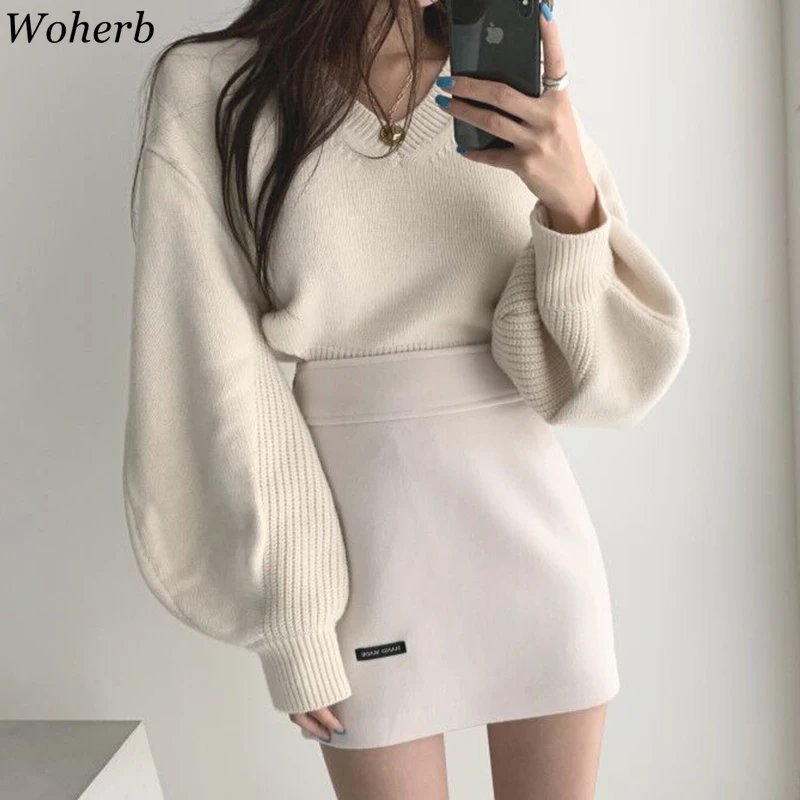 

Woherb Elegant Lantern Sleeve V-neck Sweater Women Korean Sexy Split Side Loose Pullover Back Bandage Knitted Jumper Korean