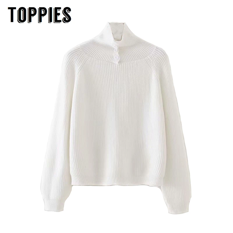 

Button Stand Collar Sweater White Knitted Sweater 2019 Autumn Winter Female Jumpers Solid Color Ladies Tops