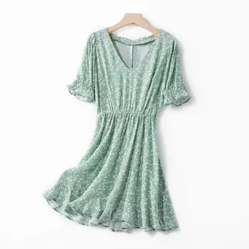 

2020 New Summer Floral Women Mini Dress V-neck Lady Short Sleeve Slim Waist Ruffles Flowers Printed Dresses