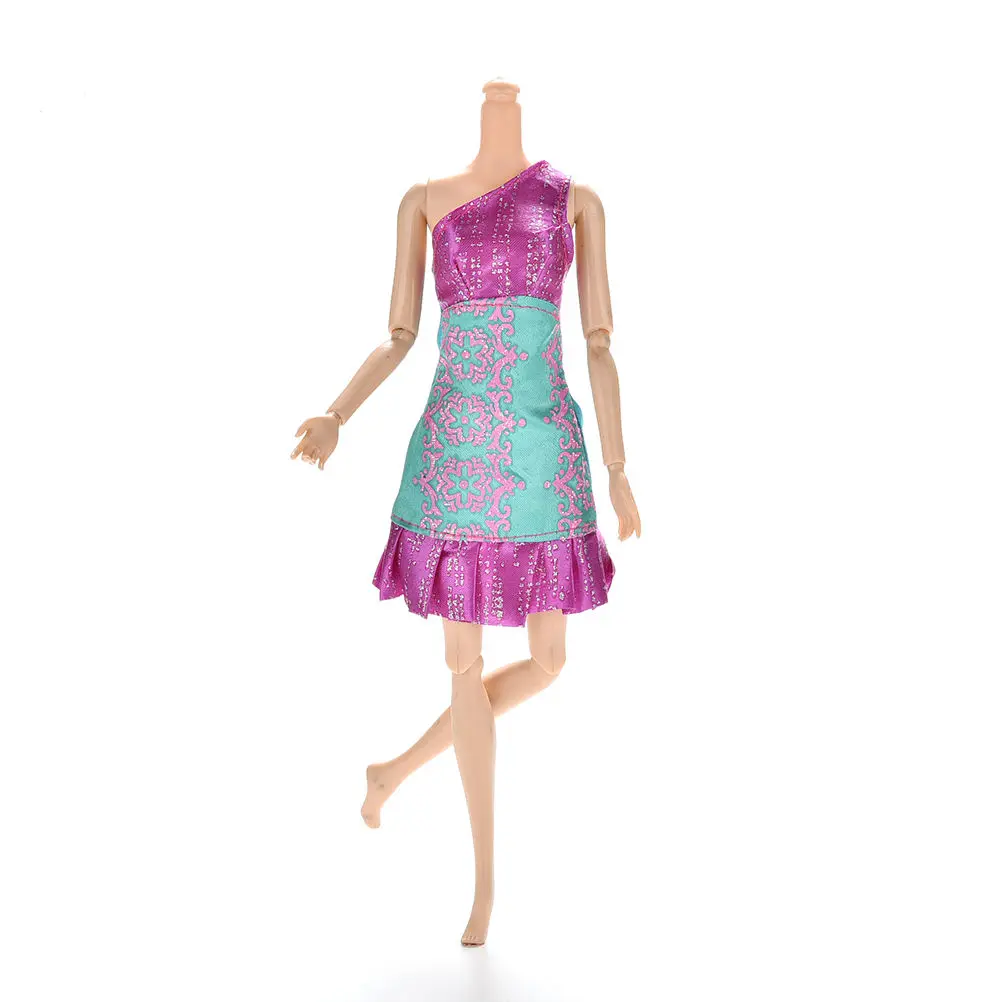 

High Quality Single Shoulder Printing Patchwork Dress for Purple And Green Doll Clothing Lovely Gifts for Kids