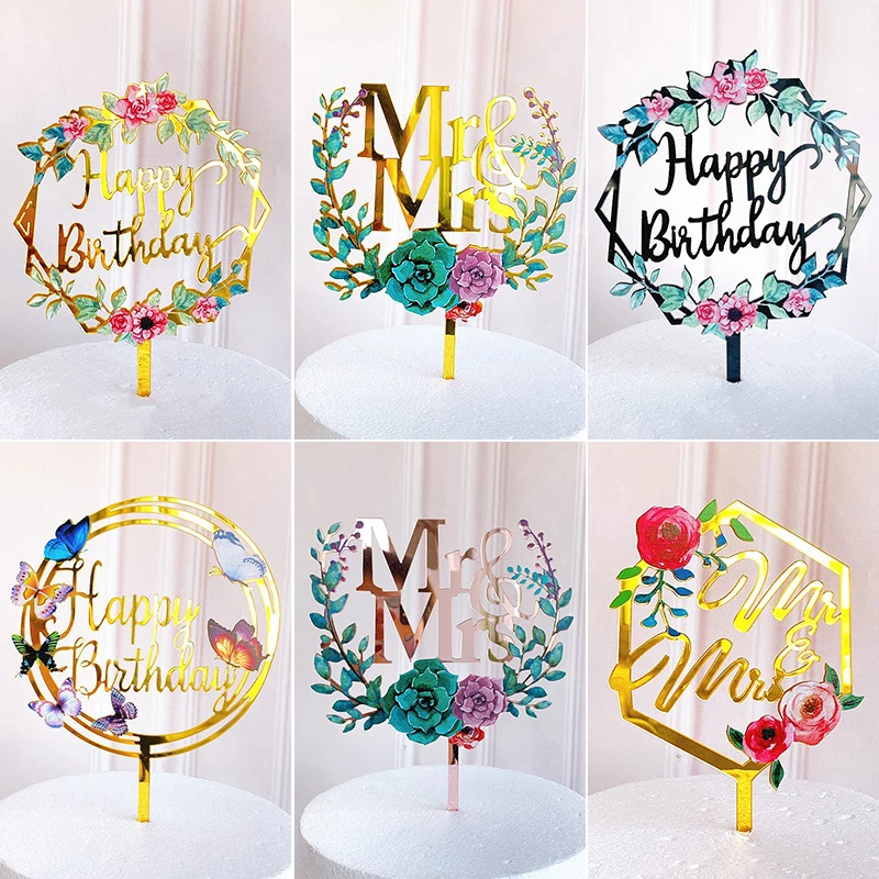 Rose Flowers Acrylic Happy Birthday Party Cake Topper Color Flower ...