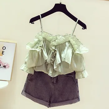 

Slash Neck Fungus Tops Women's 2020 Summer Off-Shoulder Short Sleeve Chiffon Shirt Sexy Strap Flounced Shirt Seaside Beach Shirt