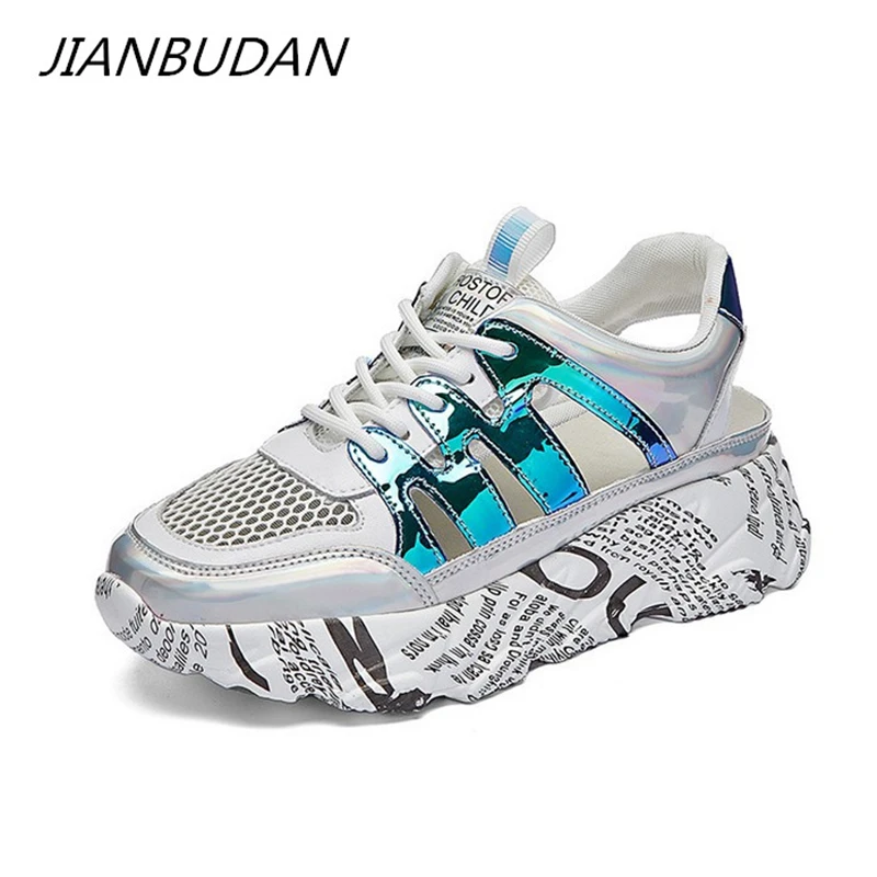 

JIANBUDAN Flat platform sandals Chunky Sneakers summer for woman Breathable mesh outdoor sandals Flat Height Increasing Sandals