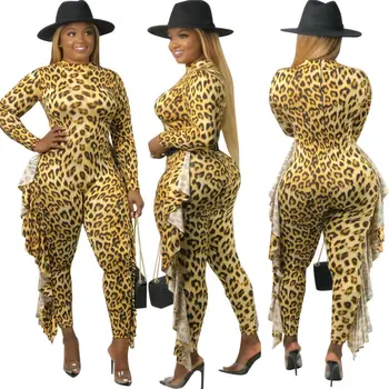 

2020 HOT Women's Sports Suit Fitness Yoga Sets Female Gym Clothes Leopard Print Side Ruffles Sport Gym Wear Jumpsuits Sportswear