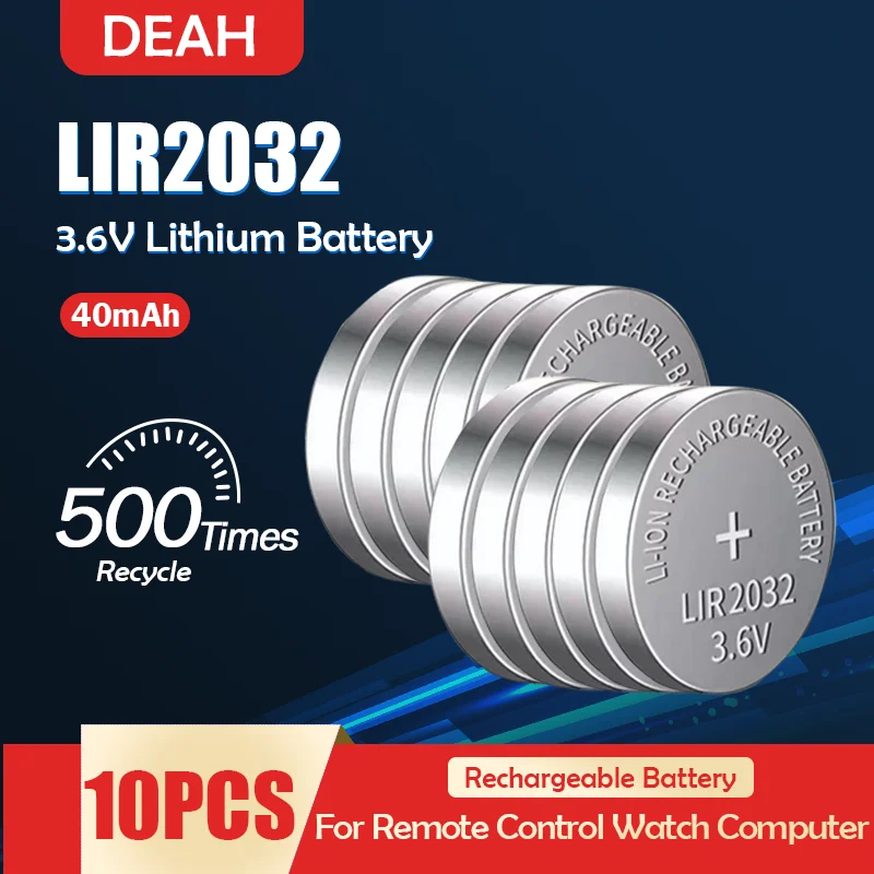 5pcs 3.6V 40mah LIR2032 LIR 2032 lithium rechargeable battery for