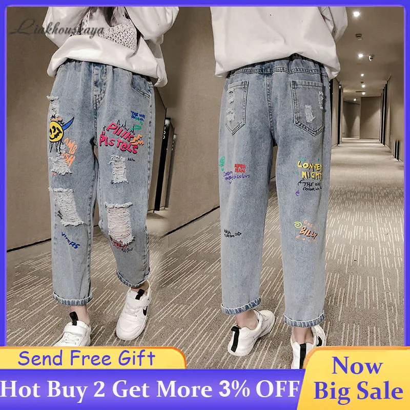 2020 New Girls Jeans Fashion Cartoon Letter Printing Toddler Ripped Spring Autumn Little Girl Trousers | Детская одежда и обувь