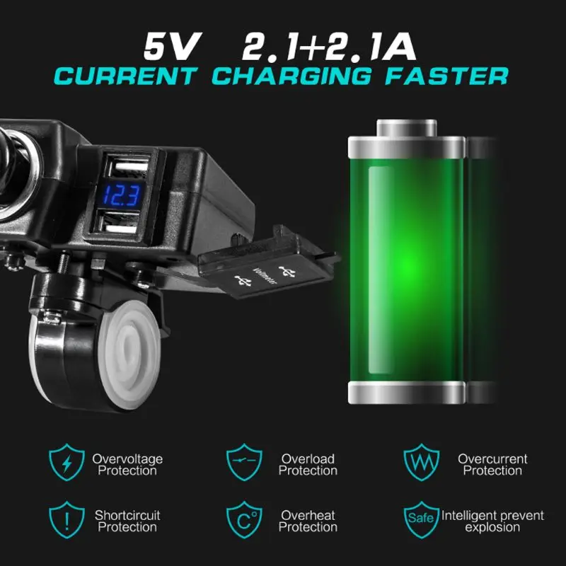 Прикуриватель для мотоциклов Руль Зеркало 5V 2.1A Dual USB Зарядное устройство вольтметр