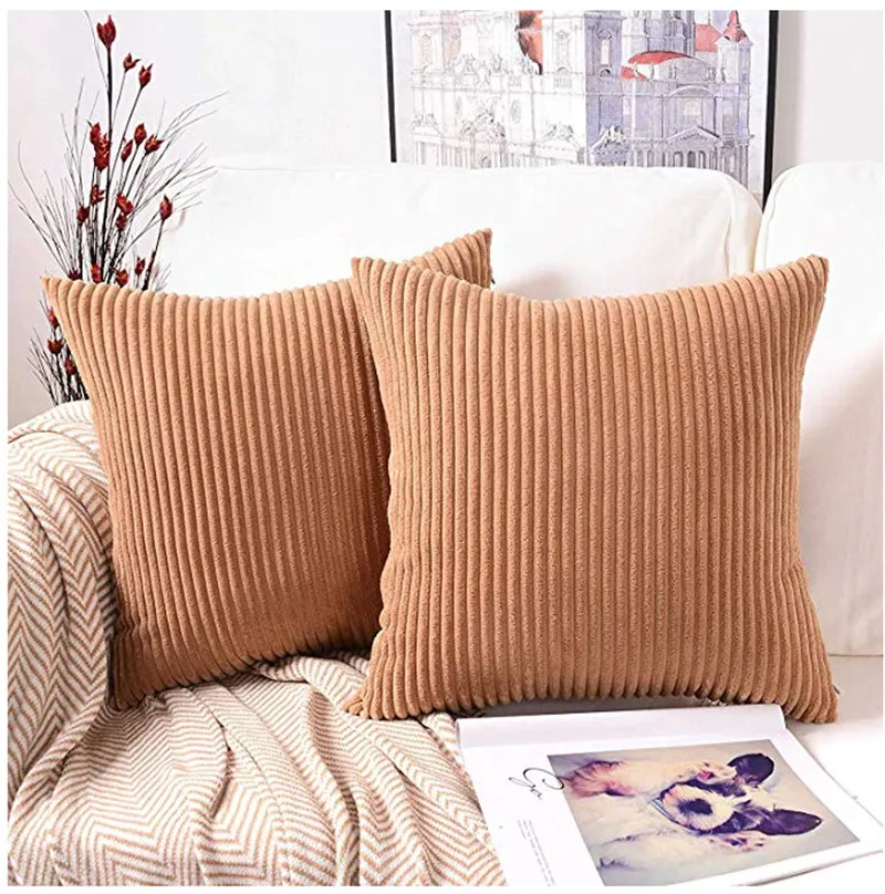 Cilected Soft Corduroy Cushion Covers Stripe Solid Decorative