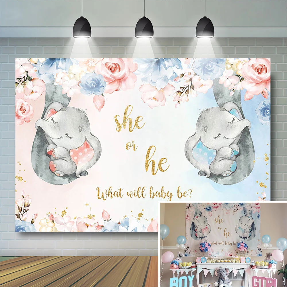 Download Cute Elephant Gender Reveal Backdrop Boy Or Girl Elephant Gender Surprise Party Decor He Or She Baby Shower Floral Banner Background Aliexpress