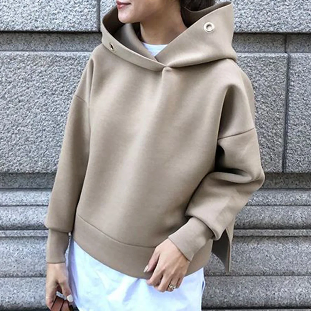 

Women Solid Hoodie Autumn Spring 2020 Office Ladies Elegant Pullover Hooded Coat Japanese Korean Causal Tops Outwear Brown