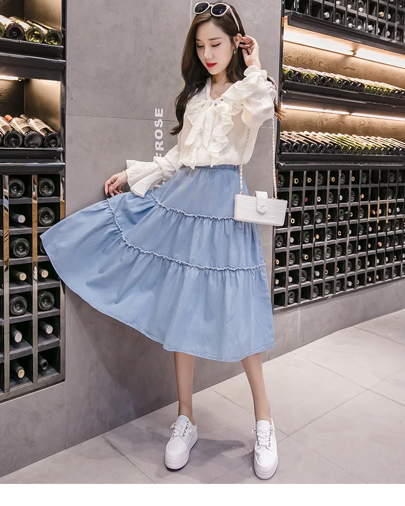 Light Blue Denim Skirts Korean Fashion Women High Waist Long Jeans Skirts Solid Color S-XXXL Midi Saia AE589