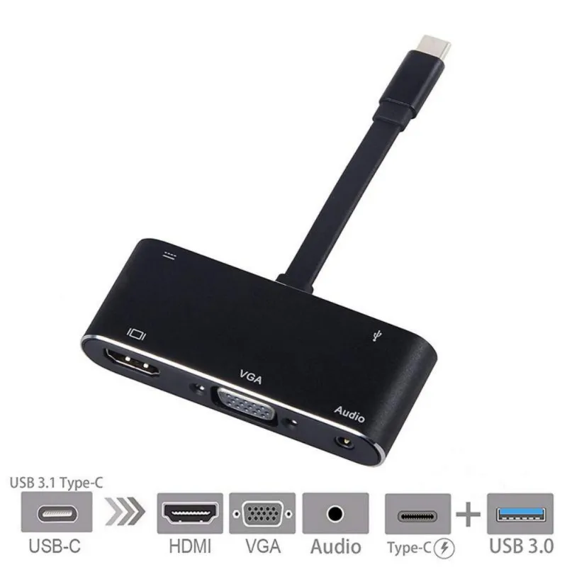 Высокое качество сплава портативный TYPE-C к HDMI+ VGA+ аудио+ USB3.0+ PD Five-in-one адаптер - Цвет: Черный
