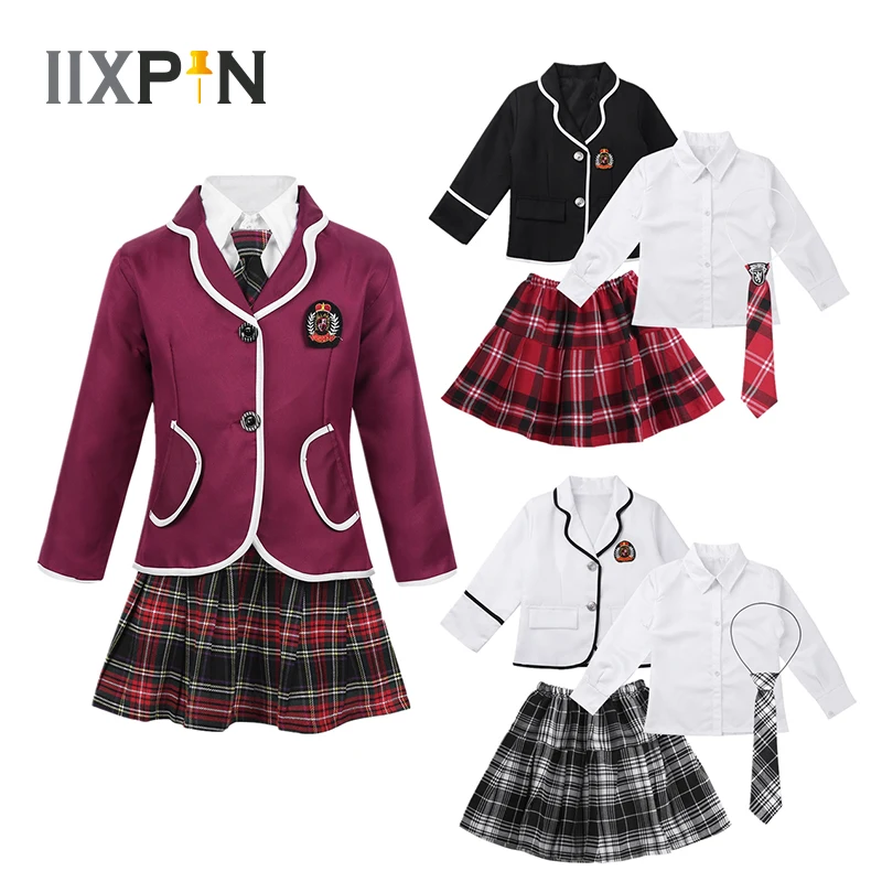 Kids Girls British Style School Uniforms Student Cosplay Anime Costume Suit Long Sleeve Coat With Shirt Tie Mini Skirt Set