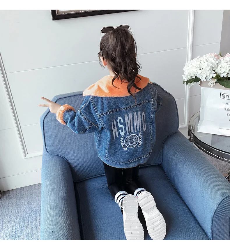 girls coats winter kurtka zimowa dla dziewczynki Faux fur inner and collar denim Jacket FashionPrint on back 10 ans 12 ans