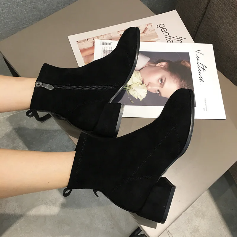 

Autumn Boots Brand Women's Shoes Round Toe Zipper Chelsea Bootee Woman 2019 Chunky Heel Fashion Rock Rubber Black Winter Riding