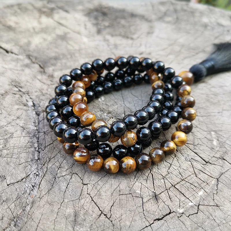 8mm Tigers Eye,Black Onyx Japa Mala Set,Protective,Meditation Mala,Namaste Yoga Jewelry,Buddhist Mala Prayer Bead,108 Beads