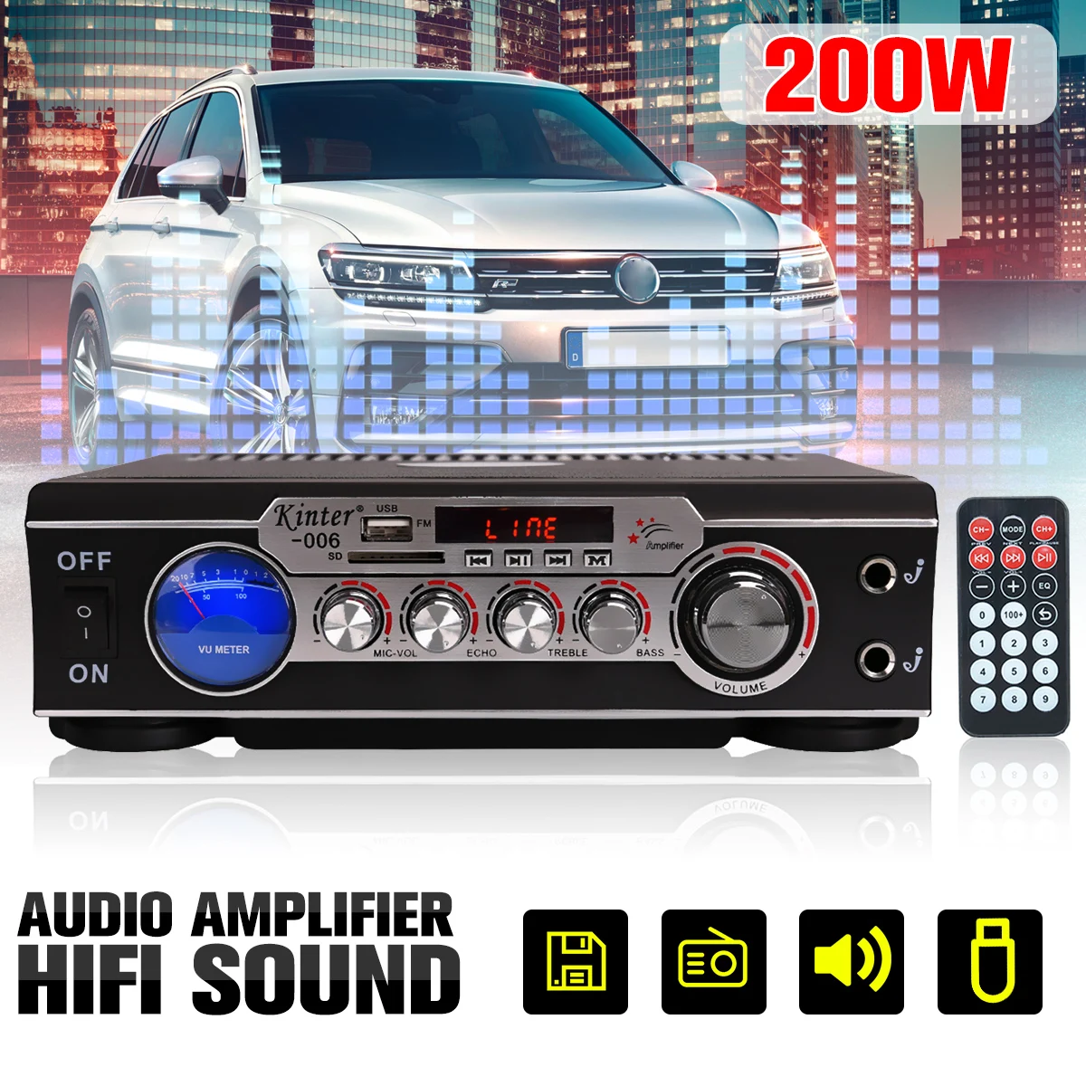 Kinter 220 В/12 В 2CH цифровой автомобильный усилитель звука USB sd fm-радио стерео динамик домашний кинотеатр усилители с пультом дистанционного управления