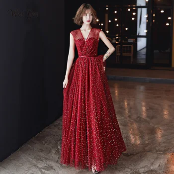 

AE0149 wei yin Women Elegant Evening Dresses Long Burgundy Sexy A-Line Sleeveless V-Neck Long Lace Party Evening Gowns