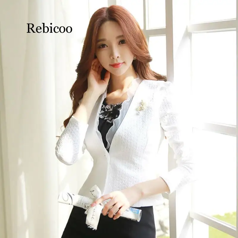 Spring Autumn Women Blazer White Mesh Bordered Ruffled Slim Single Button Short Blazer Long Sleeve Jacket Coat Outwear - 4.00064E+12